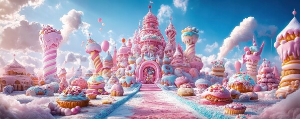 A whimsical candy castle surrounded by sweets and clouds, evoking a dreamy, magical wonderland for all ages.