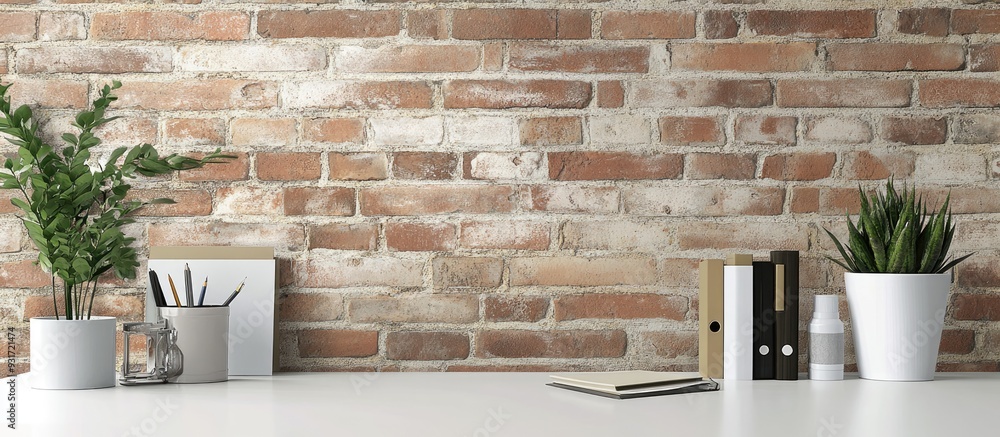 Poster cropped view of a minimal workspace featuring office supplies and copyspace on a white table against