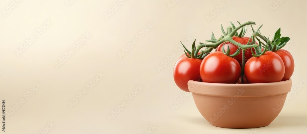 Poster ornamental krismil tomatoes in the pot. with copy space image. place for adding text or design