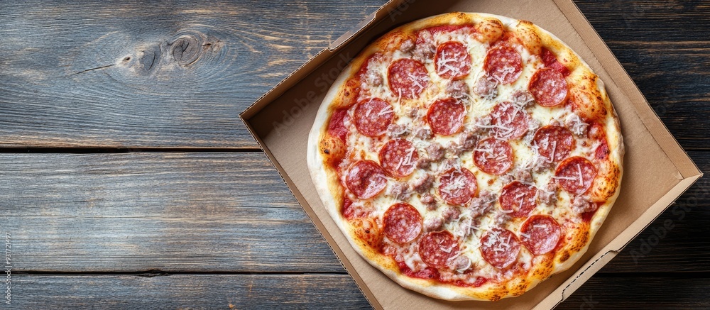 Poster pizza topped with salami sausage and parmesan cheese in a cardboard box on a wooden table top view. 