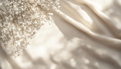 Generate a serene boho wedding background featuring smooth neutral beige linen fabric. Abstract...