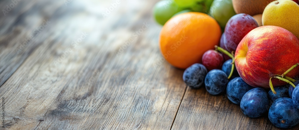 Aufkleber various ripe fruits on a light wooden table close up area for text. with copy space image. place for