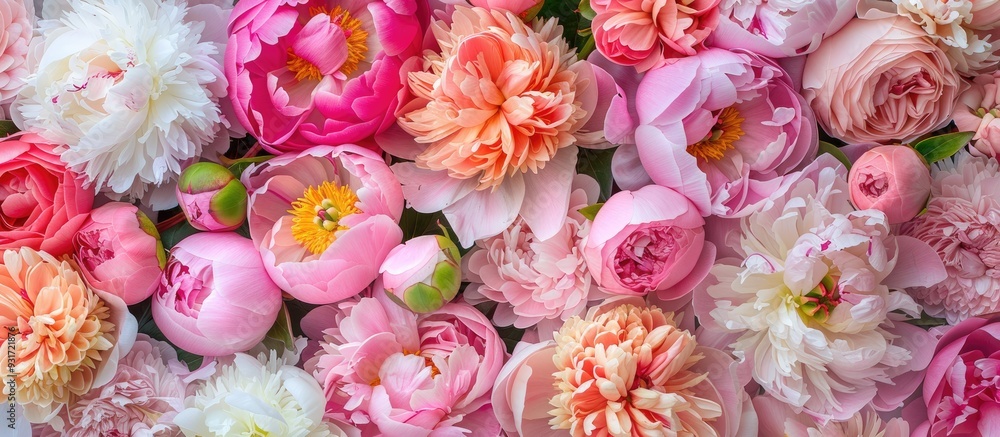 Aufkleber pink peony blossoms. with copy space image. place for adding text or design