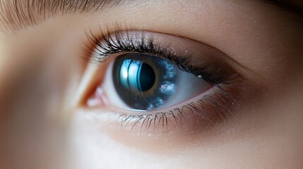 Close-up of a blue eye with a reflection of light.