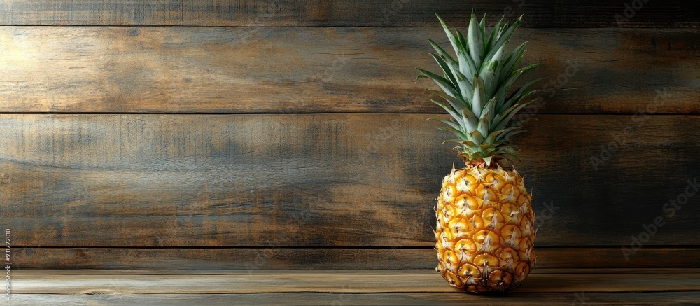 Poster vertical image of a fresh ripe pineapple set against a wooden background. with copy space image. pla