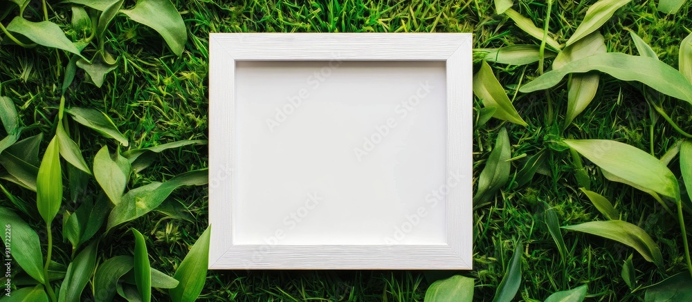 Poster blank white wooden frame on green grass backdrop. with copy space image. place for adding text or de