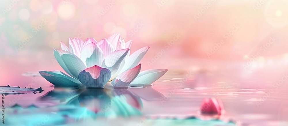 Poster Lotus flower featuring a pastel multicolored gradient abstract nature background. with copy space image. Place for adding text or design