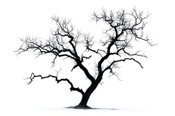 Obraz premium Silhouette of a bare tree with twisted branches against a white background
