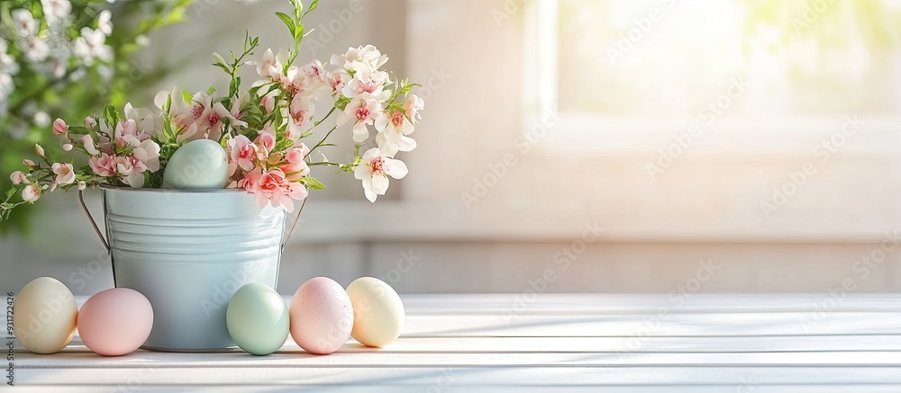 Aufkleber Easter eggs in a bucket on a white wooden table accompanied by lovely flowers. with copy space image. Place for adding text or design
