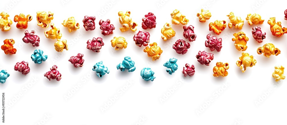 Poster colored popcorn set against a white background. with copy space image. Place for adding text or design