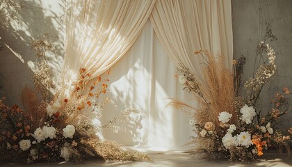 Generate a graceful boho wedding backdrop with gently draped neutral beige linen. Abstract floral sunlight shadows should enhance the texture and add a refined touch