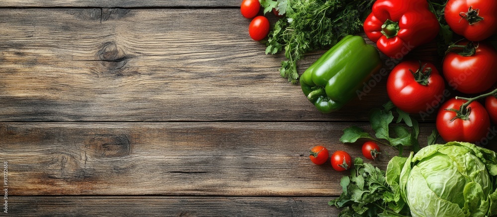 Poster sweet pepper alongside cabbage tomatoes and greens on a wooden background from a top view with copy 