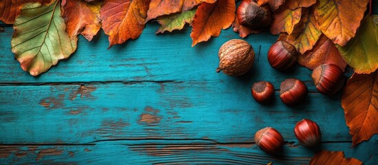 Horse chestnuts and leaves on a blue wooden table seen from above Copyspace available