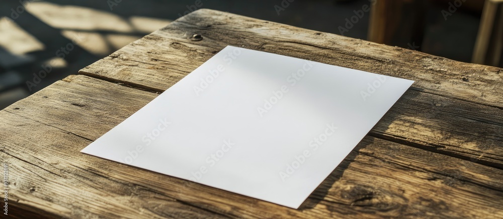 Poster white paper on a wooden table with written text. with copy space image. Place for adding text or design