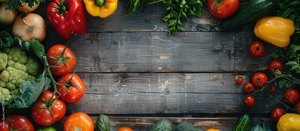 Poster vegetables on a wooden table. with copy space image. place for adding text or design