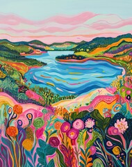 Abstract Landscape Interpretation of the Vibrant Istanbul Bosphorus with Surreal Colors and Blooming Flowers. AI generated illustration