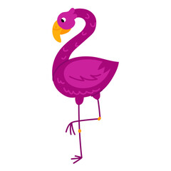 Cute Pink purple flat Flamingo on a White background. The Flamingo, a bright summer bird, stands on one leg. The Mexican animal lives by the water. A tall bird in a pose