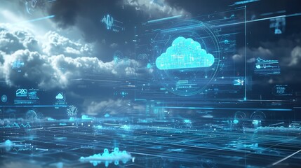 Digital cloud and data overlays on a sky background, symbolizing ai-powered weather prediction and climate modeling.