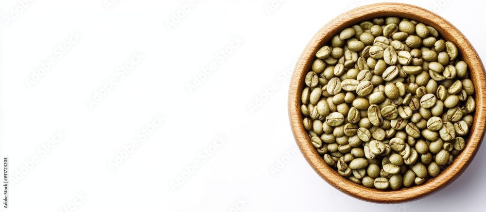 Leinwandbilder Bowl containing green coffee beans on a white background. with copy space image. Place for adding text or design