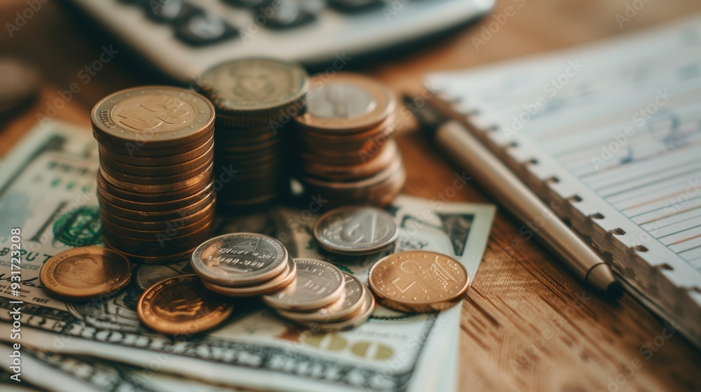 Fototapete a stack of cash and coins lies beside an open notebook filled with calculations and financial notes,