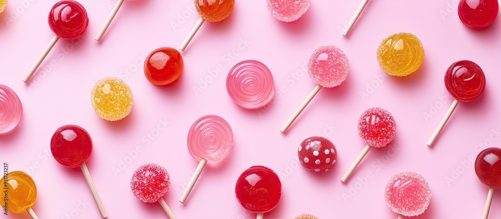 Poster various jelly candies and lollipops on a pink background flat lay room for text. with copy space ima
