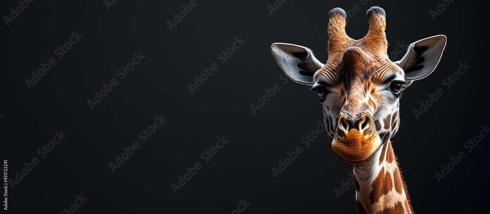 Poster Close up of a Giraffe s head looking at the camera. with copy space image. Place for adding text or design