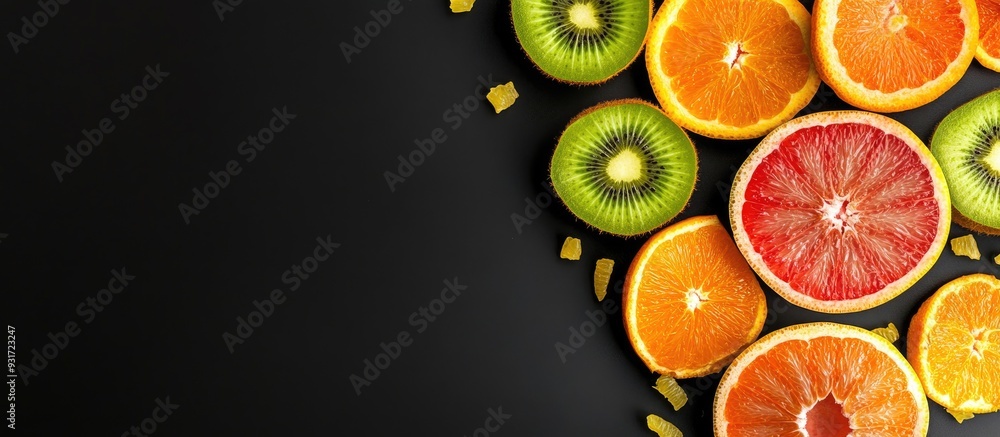 Poster flat lay top view sliced vibrant fresh fruits kiwi orange grapefruit and mandarin on a black backgro