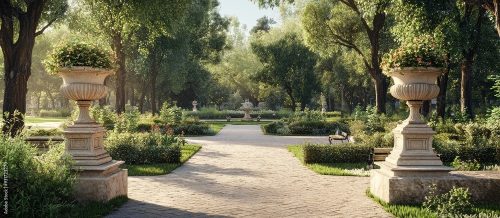 Aufkleber charming park in a classic style featuring stone ornaments on pedestals lovely plants and a resting 