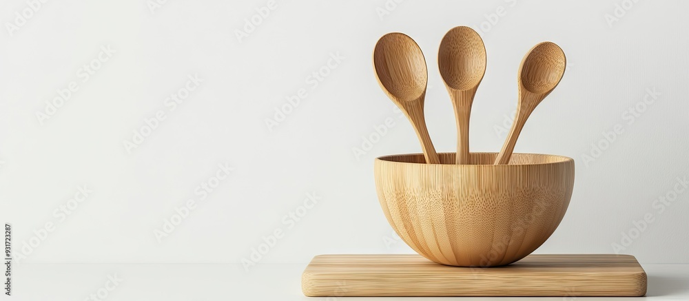 Fototapete wooden utensils including a bowl and spoons placed on a cutting board against a white background. wi