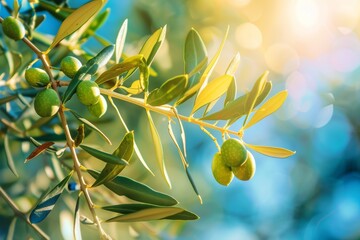 Close-up of olive tree branch with green olives and vibrant leaves, illuminated by sunlight, creating a bokeh effect in the background.