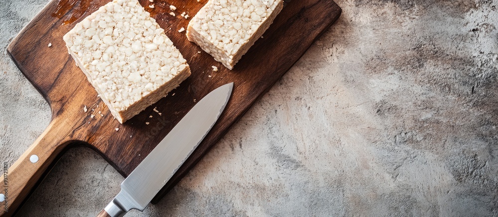 Fototapete fresh raw tempeh on a cutting board with a knife for chopping concept of food preparation. with copy