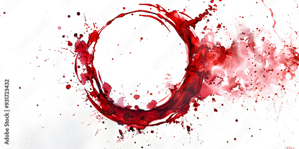 Poster a circular splash of red paint with splatters and drips, creating an artistic and dynamic effect on 