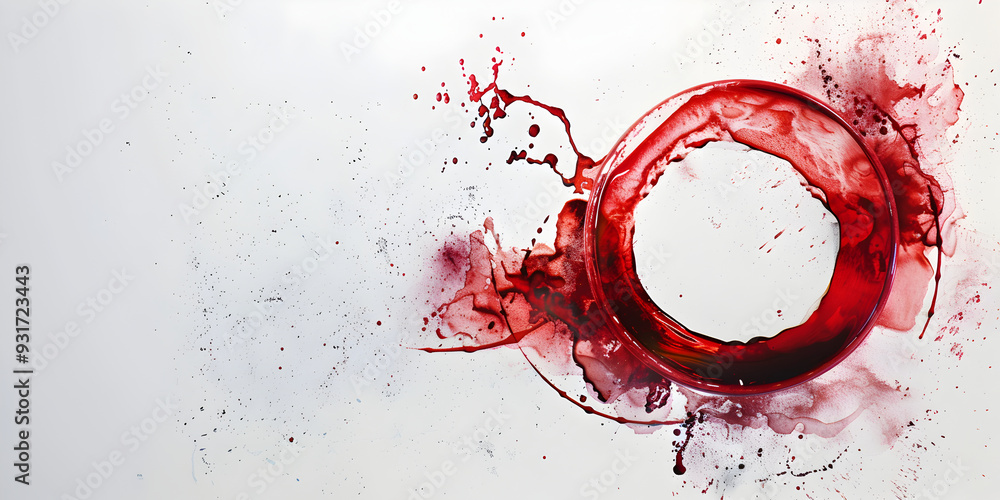 Poster a dynamic splash of red liquid forming a circular shape against a white background, with droplets an