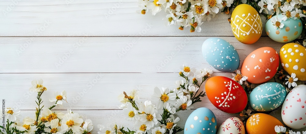 Poster Close up of vibrant Easter eggs surrounded by flowers on a white wooden table. with copy space image. Place for adding text or design