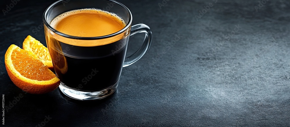 Poster a glass of delicious coffee alongside orange juice on a dark background. with copy space image. plac
