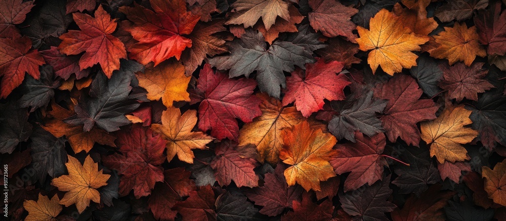 Aufkleber A bright burgundy maple leaf on the ground among fallen leaves Leaves are falling Autumn backdrop Soft focus with a shallow depth of field. with copy space image. Place for adding text or design