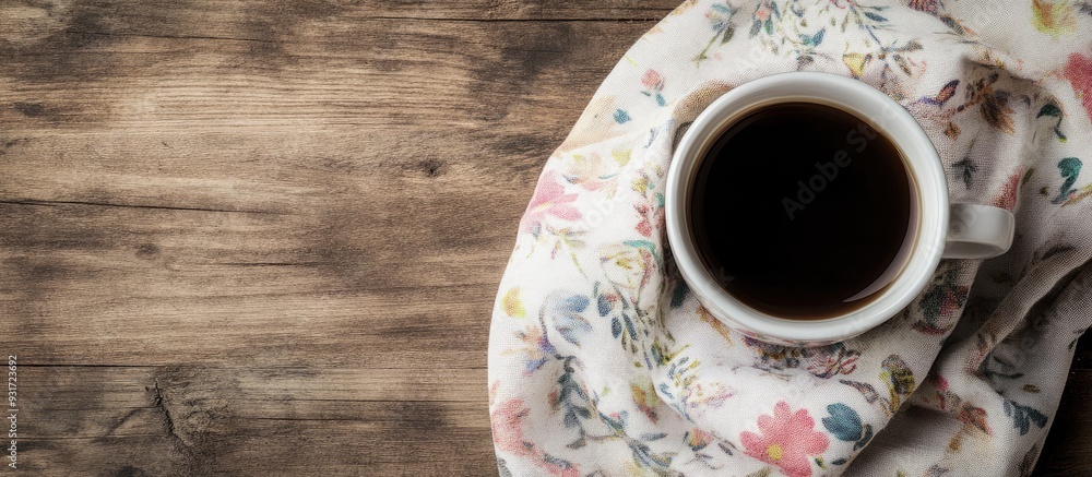 Aufkleber coffee cup on a floral cloth napkin placed on a bare wooden surface top view with space for your tex