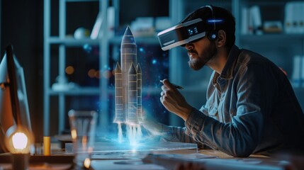 Innovative Designer Creating Space Rocket Hologram with XR Glasses