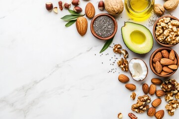 Arrangement of Nuts, Seeds, and Avocado on White Marble Surface