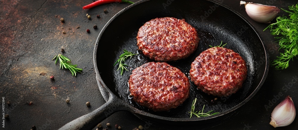 Poster homemade hamburger patty in a skillet pan. with copy space image. place for adding text or design