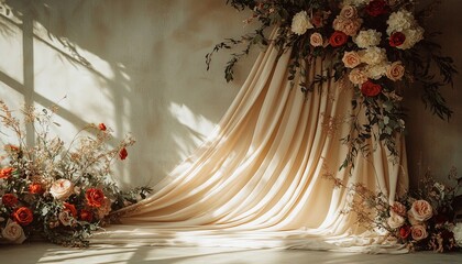 Craft a refined boho wedding backdrop with softly draped neutral beige linen fabric. Abstract floral sunlight shadows should enhance the image’s elegance and warmth