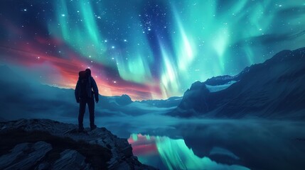 A lone hiker gazes at the aurora borealis above a misty mountain lake.