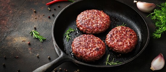 homemade hamburger patty in a skillet pan. with copy space image. Place for adding text or design