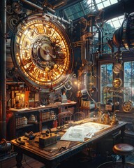 Steampunk Workshop with a Giant Clock and a Desk Full of Gadgets