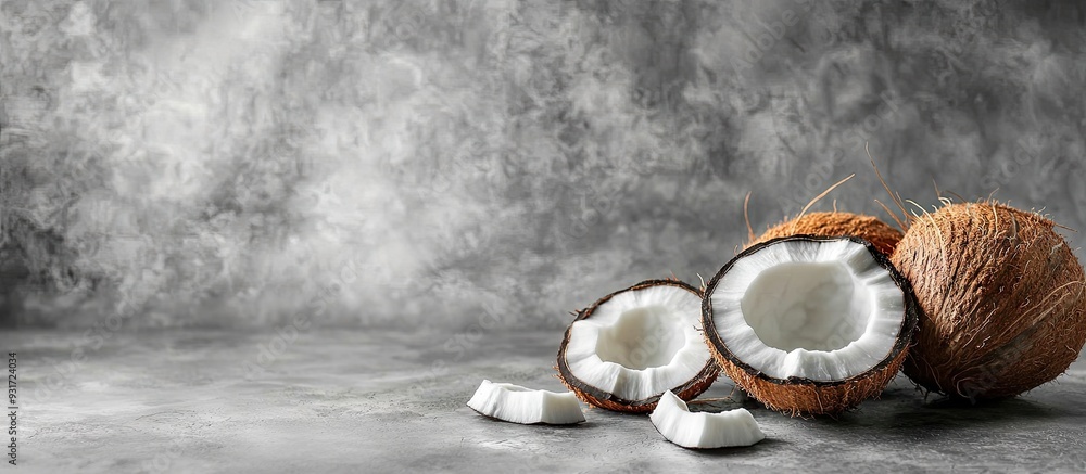 Fototapete ripe coconuts against a gray background coconut cream and oil food. with copy space image. place for
