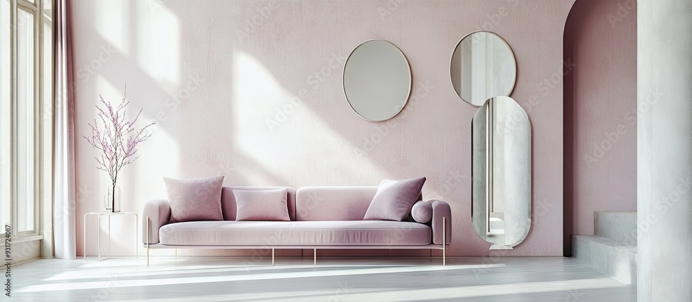 Poster interior of a contemporary room featuring mirrors and a lilac sofa design banner. with copy space im