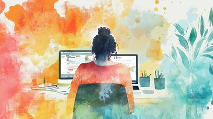 A person working on a computer surrounded by vibrant colors, symbolizing creativity and productivity in content marketing.