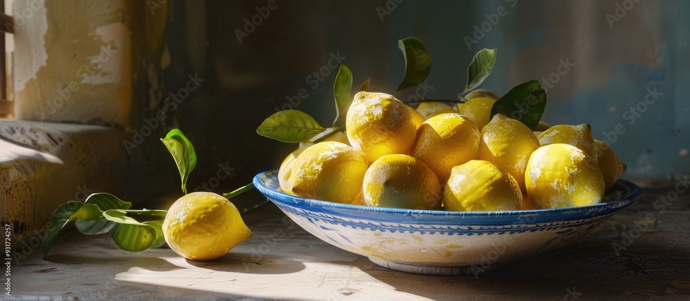Wall mural fresh sicilian lemons in a ceramic bowl with selective focus. with copy space image. place for addin
