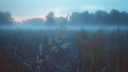 autumn morning with cool mist, dewy grass, soft light, and crisp air, creating a serene atmosphere as gentle fog rolls over the landscape