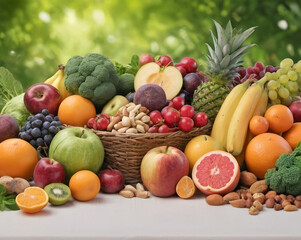 Selection of healthy food. Superfoods, various fruits and assorted berries, nuts and seeds.
